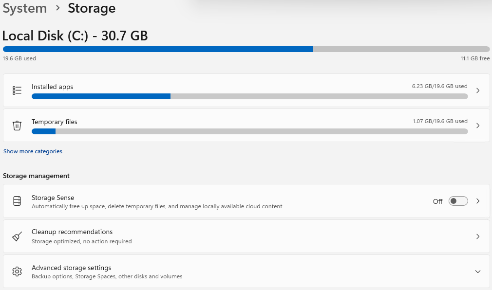 The same HS-1 after the steps: 19.6 GB used, 11.1 GB free.
