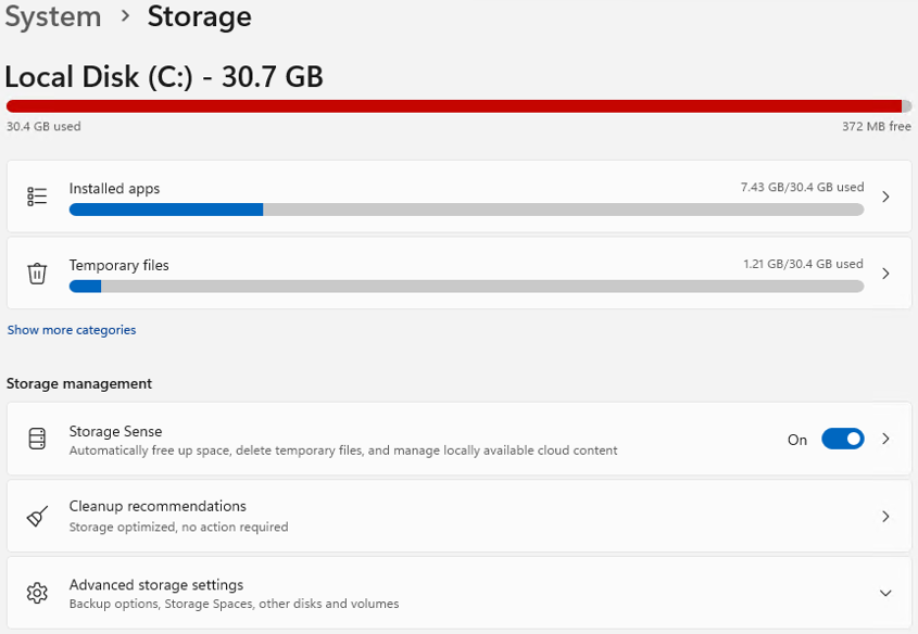 Our HS-1 as delivered: 30.4 GB used, 372 MB free.
