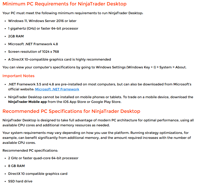 NinjaTrader's minimum and recommended specifications, September 2026.